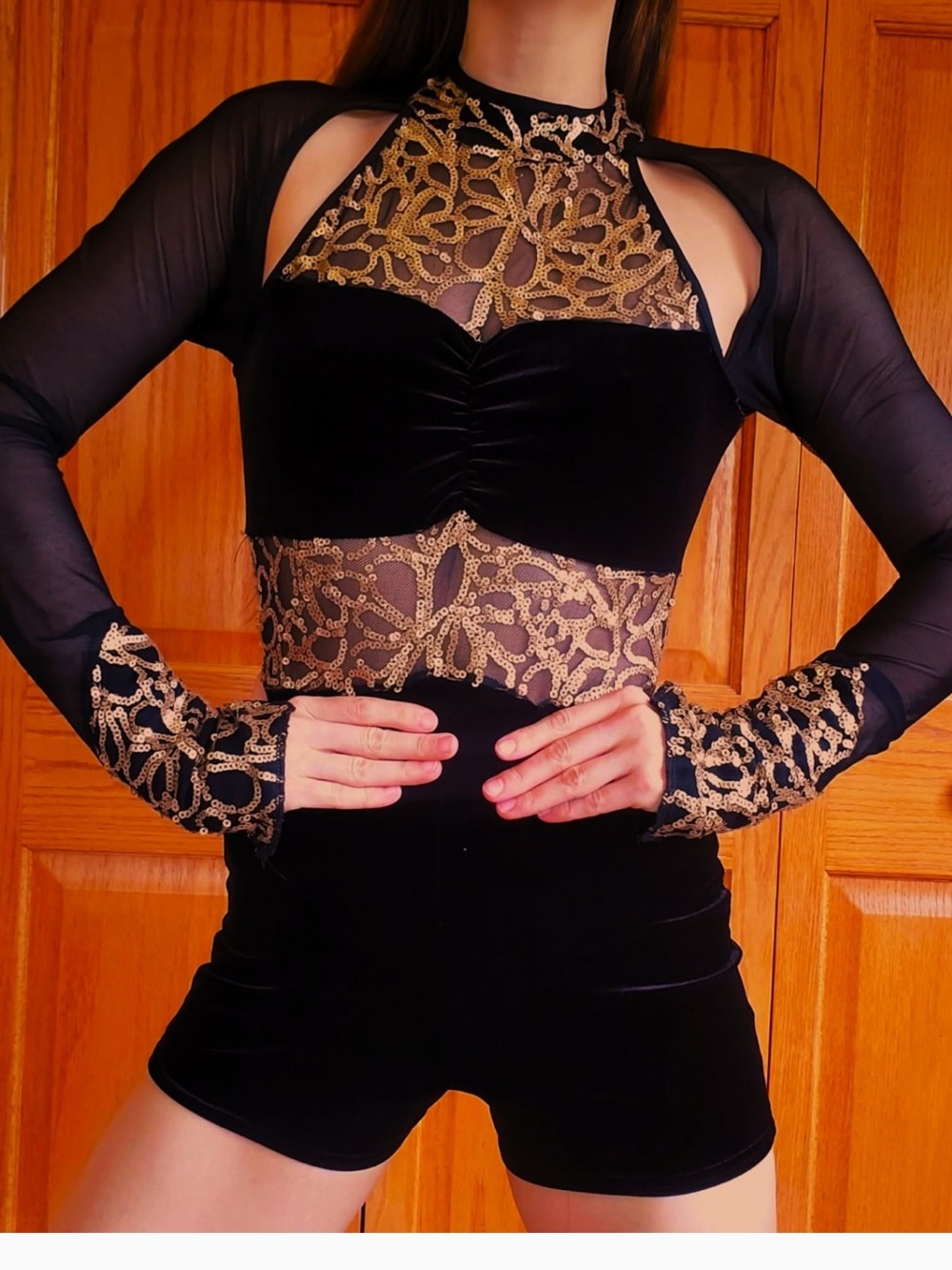 A Wish Come True Leotard Girls L Black Velvet Sequin Mock Neck Dance Costume